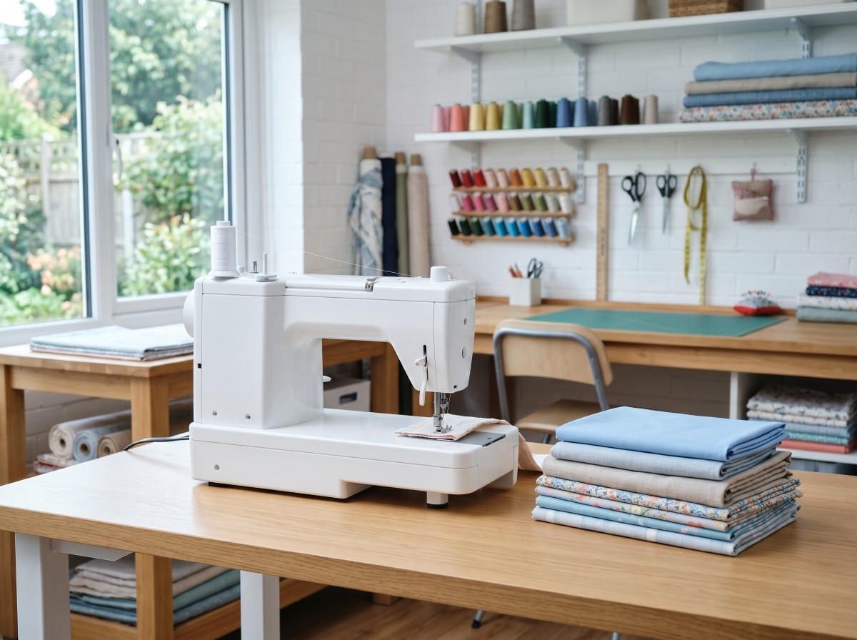 Bright sewing workshop with a machine and neatly folded fabric